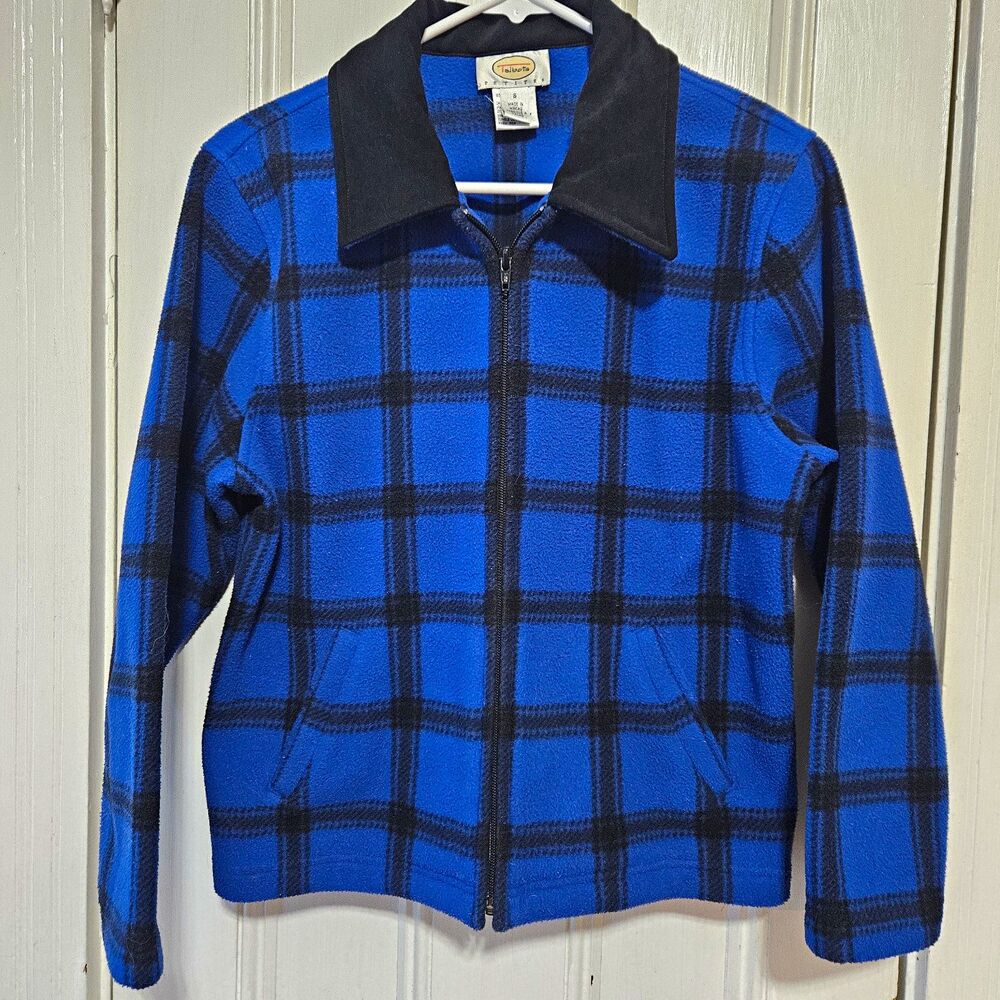 Vintage Y2K Talbots Petites Small Plaid Fleece Zip-Up Jacket Pockets